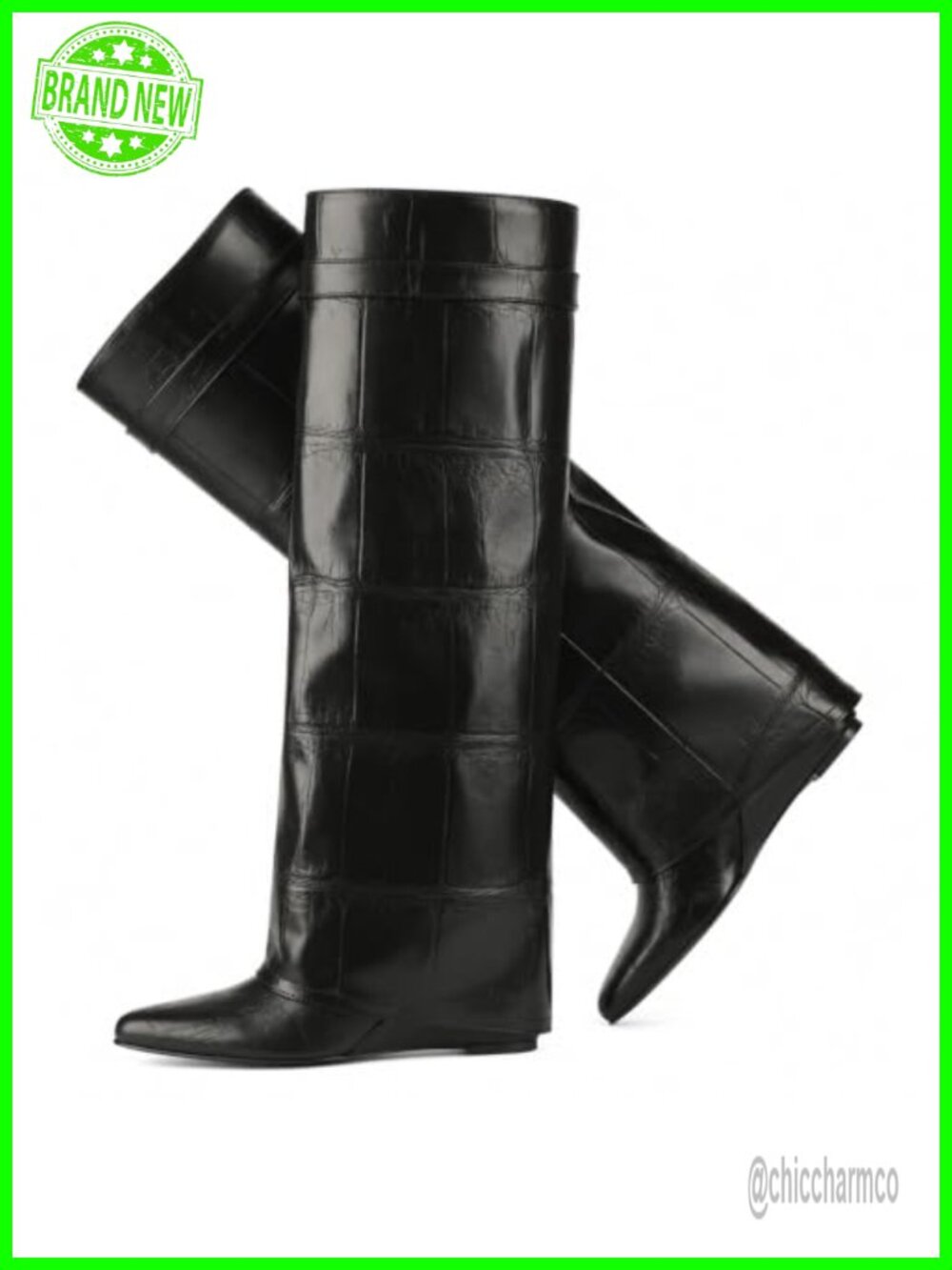 Knee High Wedge Boots Fold Over Shark Boots Faux Leather Pointed Toe